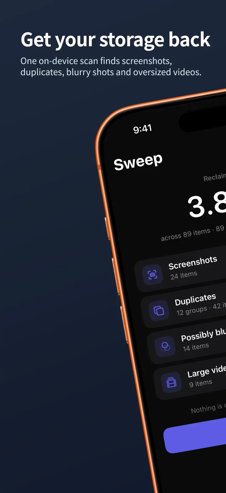 Sweep home screen showing how much of the camera roll is left to review