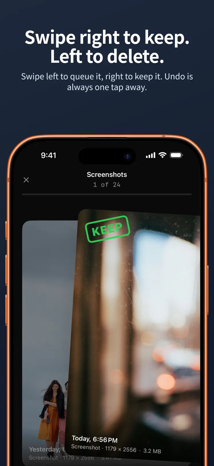 A photo card mid-swipe — right to keep, left to delete