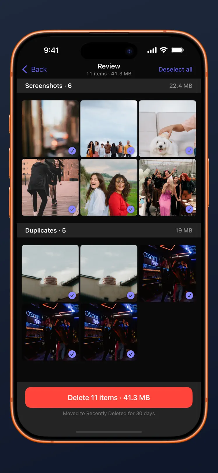 The review list showing everything queued for deletion and the space it frees
